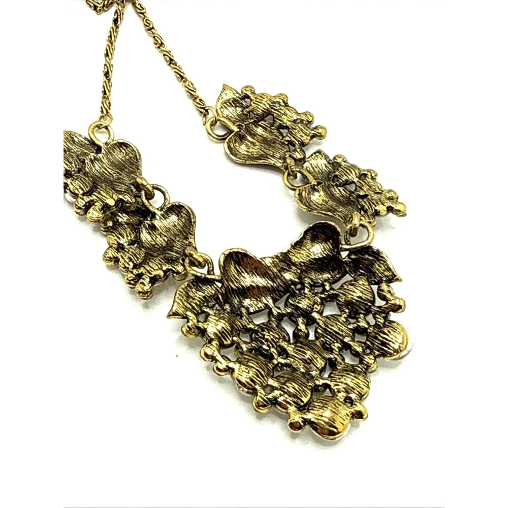 Clear Crystal Cluster Floral Bib Necklace Gold Tone Rivoli Rhinestone Statement
